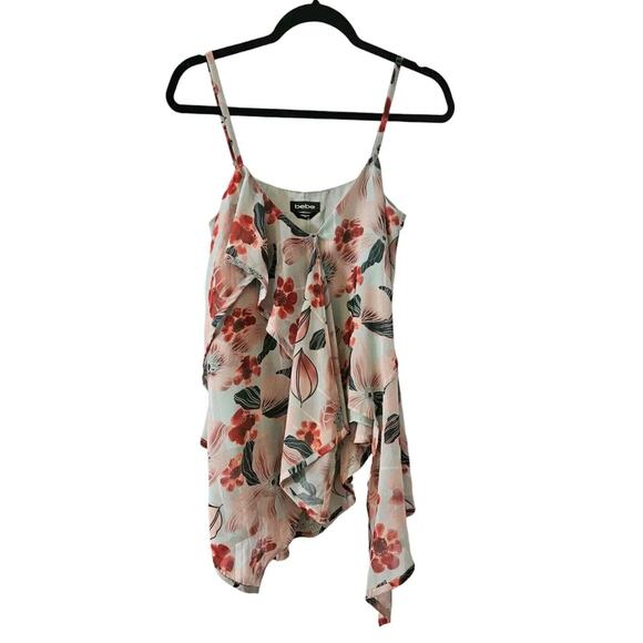Bebe NWT Womens XS Asymmetrical Tank Blouse Green Red Floral Adjustable Straps - Picture 1 of 9